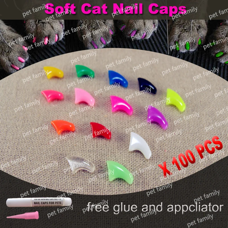 100pcs / lot Cat Nail CapsSoft Nail Protector soft cat pawControl Pets Silicon Nail caps  with free 5Adhesive Glue + 5Applicator
