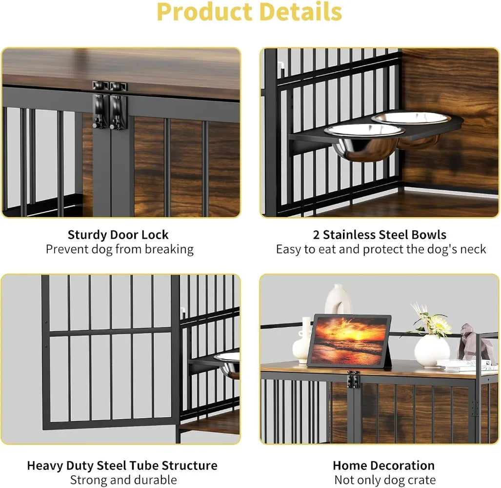 Hign-concerned Dog Crate Furniture Kennel With Bowls