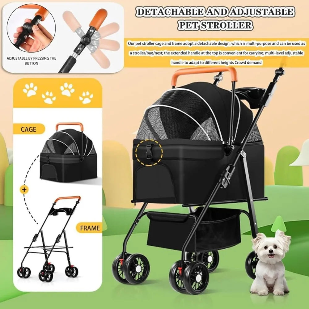 3 In 1 Pet Stroller Cat Dog 4 Wheel With Detachable Carrier