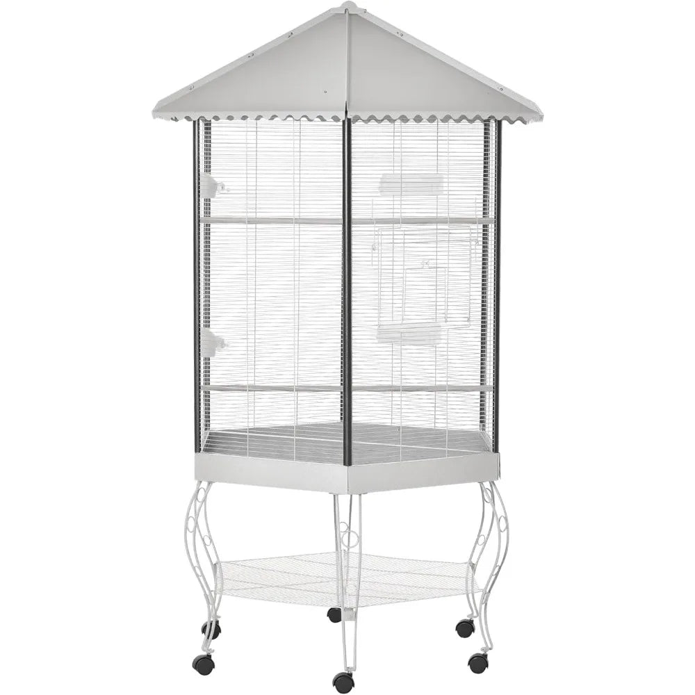 44" Hexagon Covered Canopy Portable Aviary Flight Bird Cage With Storage