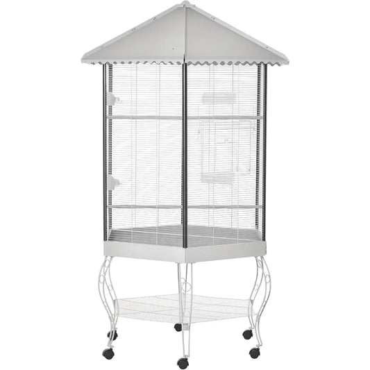 44" Hexagon Covered Canopy Portable Aviary Flight Bird Cage With Storage