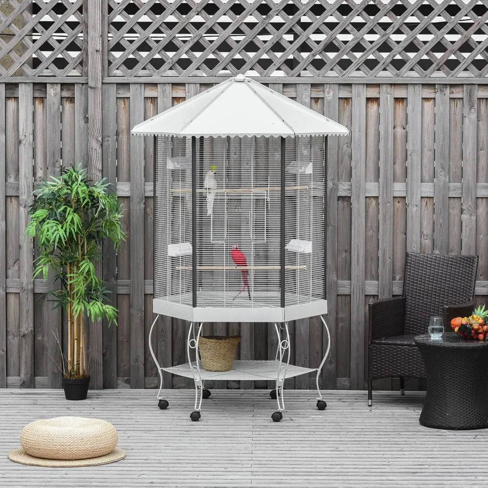 44" Hexagon Covered Canopy Portable Aviary Flight Bird Cage With Storage