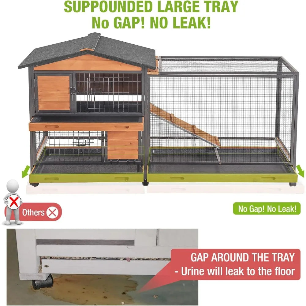 Rabbit Hutch with Chew-Resistant Metal Frame Indoor Bunny Cage Outdoor Rabbit Cage with Wheels and Leakproof Tray
