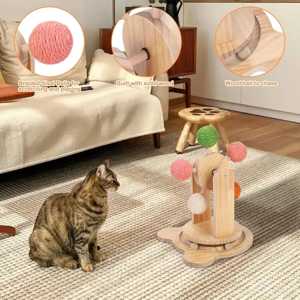 Solid Wood Cat Scratcher Ball Toy With 2-In-1 Track