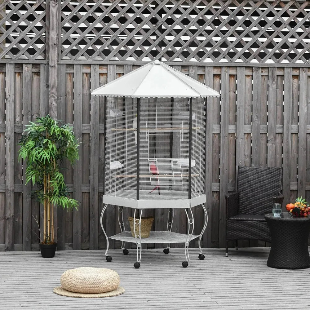 44" Hexagon Covered Canopy Portable Aviary Flight Bird Cage With Storage