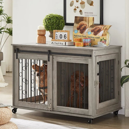 XUYUAN Dog Crate Furniture With Sliding Barn Door End Table