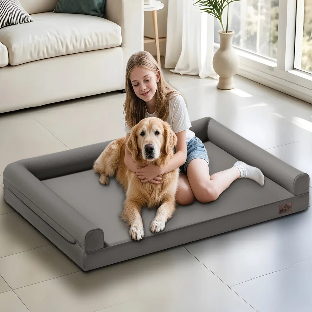 Borwartcn Orthopedic Dog Bed With Bolster Microfiber Leather