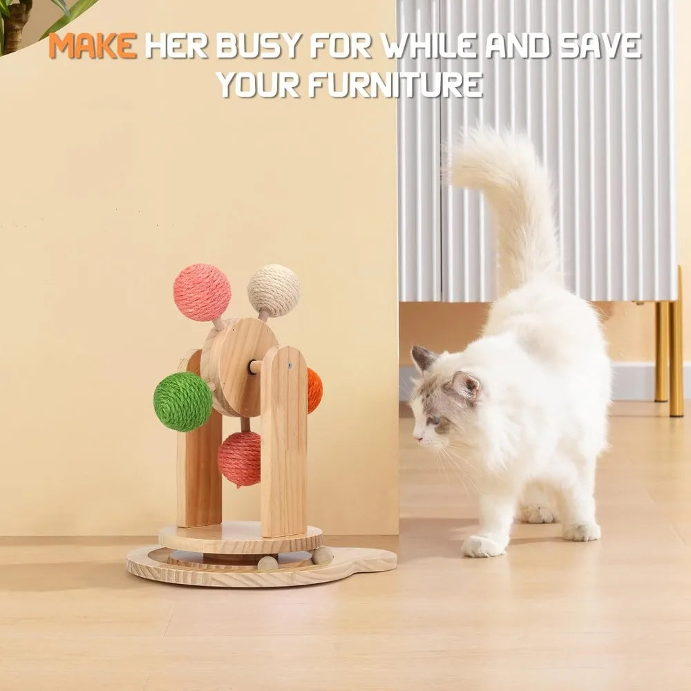 Solid Wood Cat Scratcher Ball Toy With 2-In-1 Track