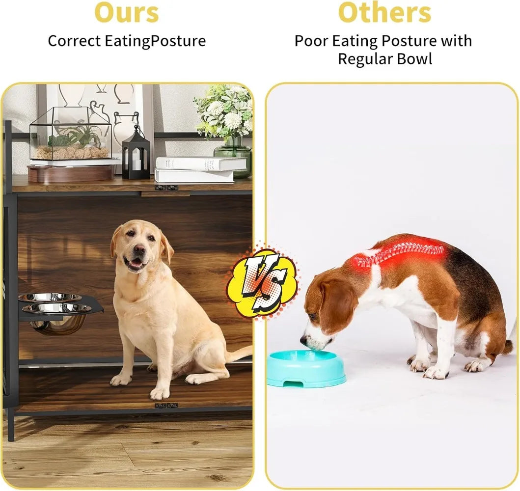 Hign-concerned Dog Crate Furniture Kennel With Bowls