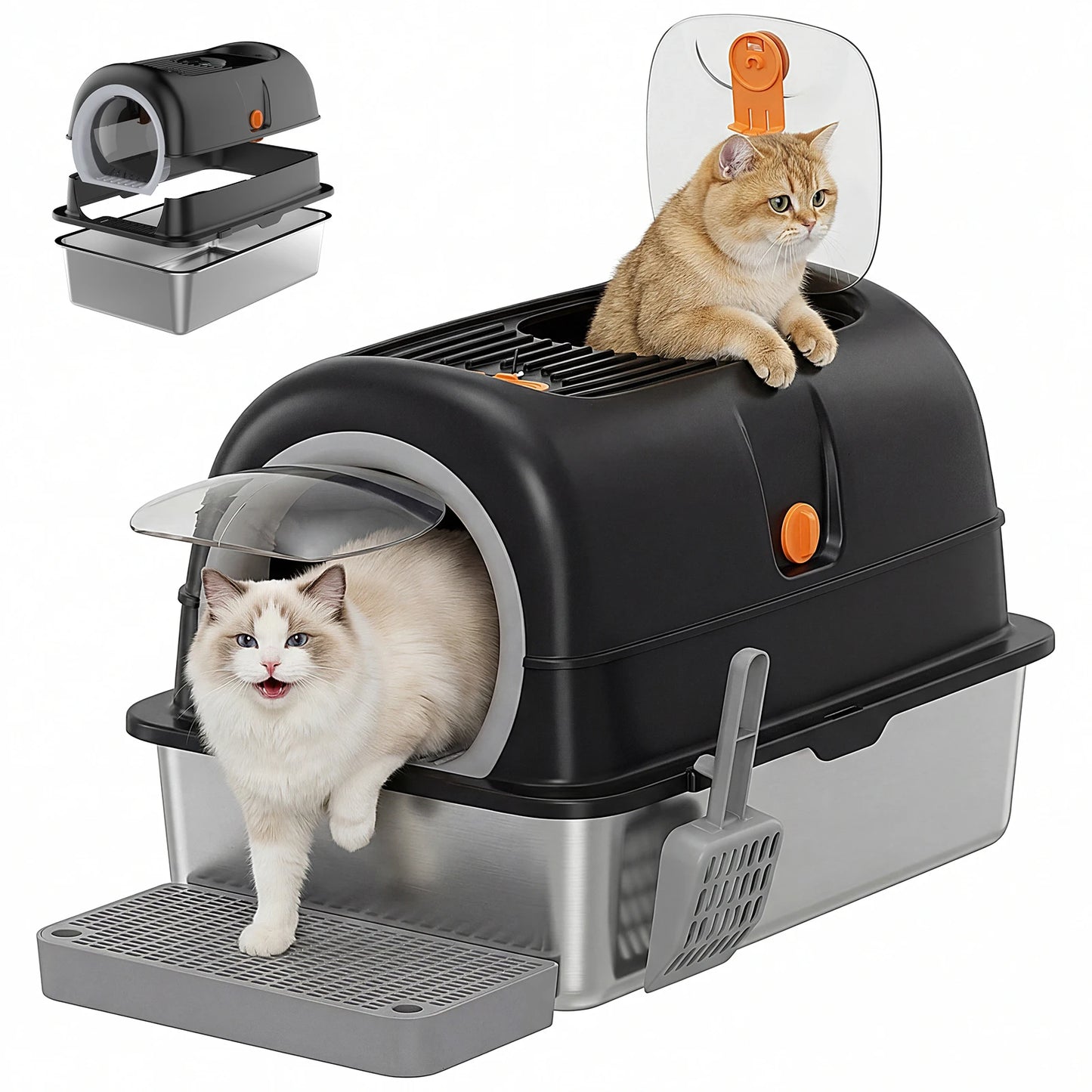 Stainless Steel Cat Litter Box Enclosed Scoop And Mat Included