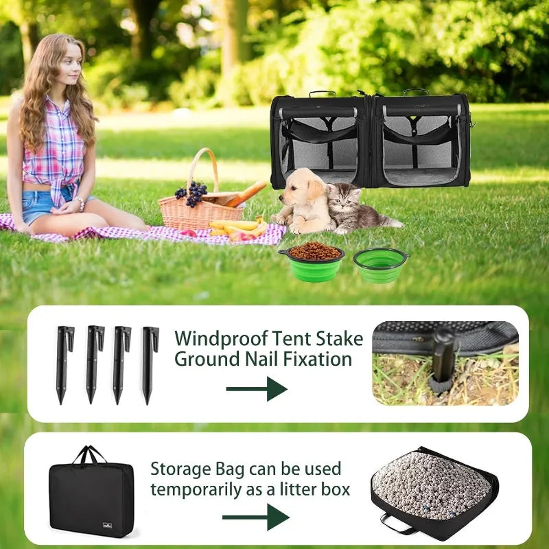 Wakytu Foldable Dual Pet Carrier for Cats And Dogs Zippered Cat Car Transportation Box Pet Travel Bag All Breeds
