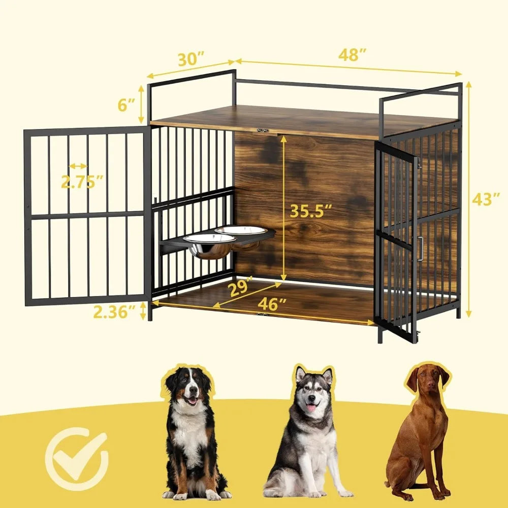 Hign-concerned Dog Crate Furniture Kennel With Bowls