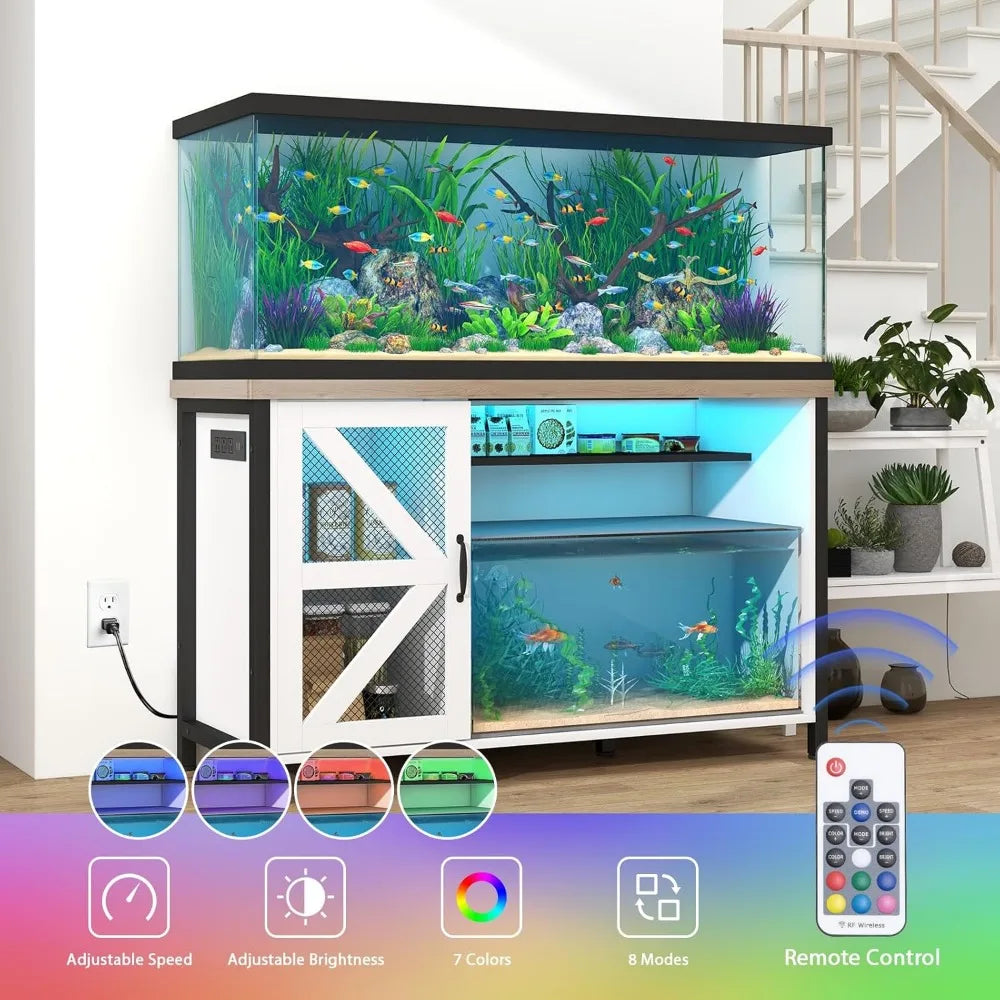 Verano 55-75 Gallon Aquarium Stand with Cabinet, Fish Tank Cabinet with Power Outlets & LED Light, Modern Turtle Tank Stand 52 i