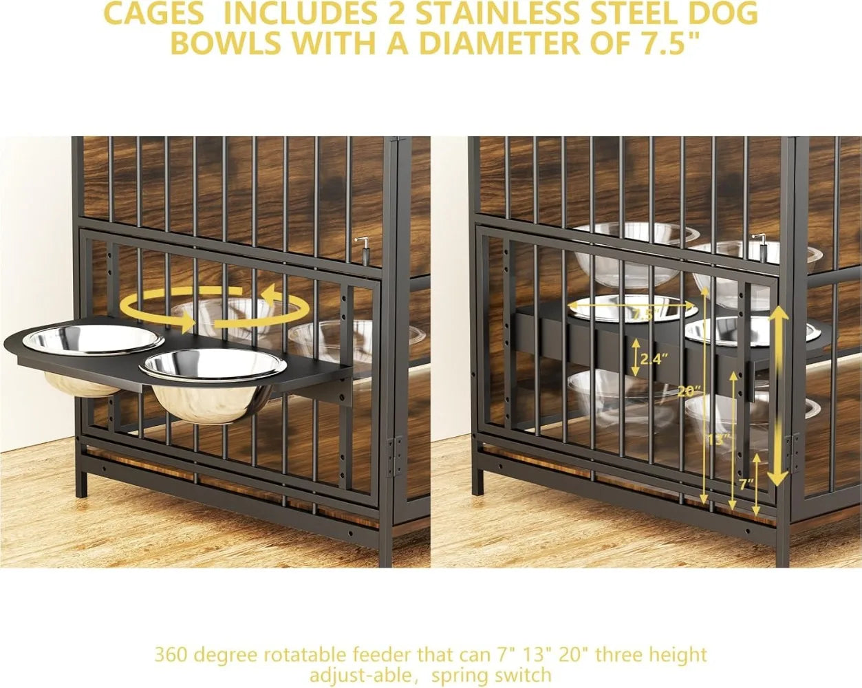 Hign-concerned Dog Crate Furniture Kennel With Bowls