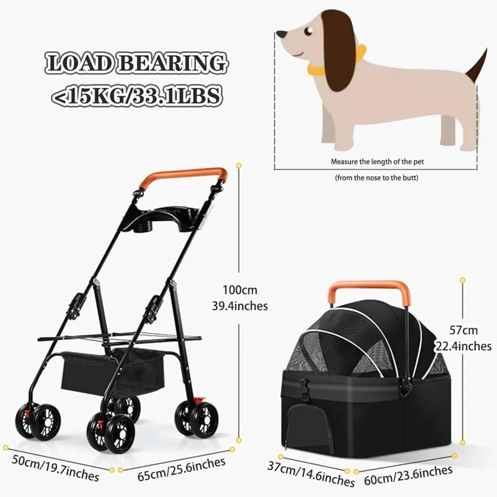 3 In 1 Pet Stroller Cat Dog 4 Wheel With Detachable Carrier