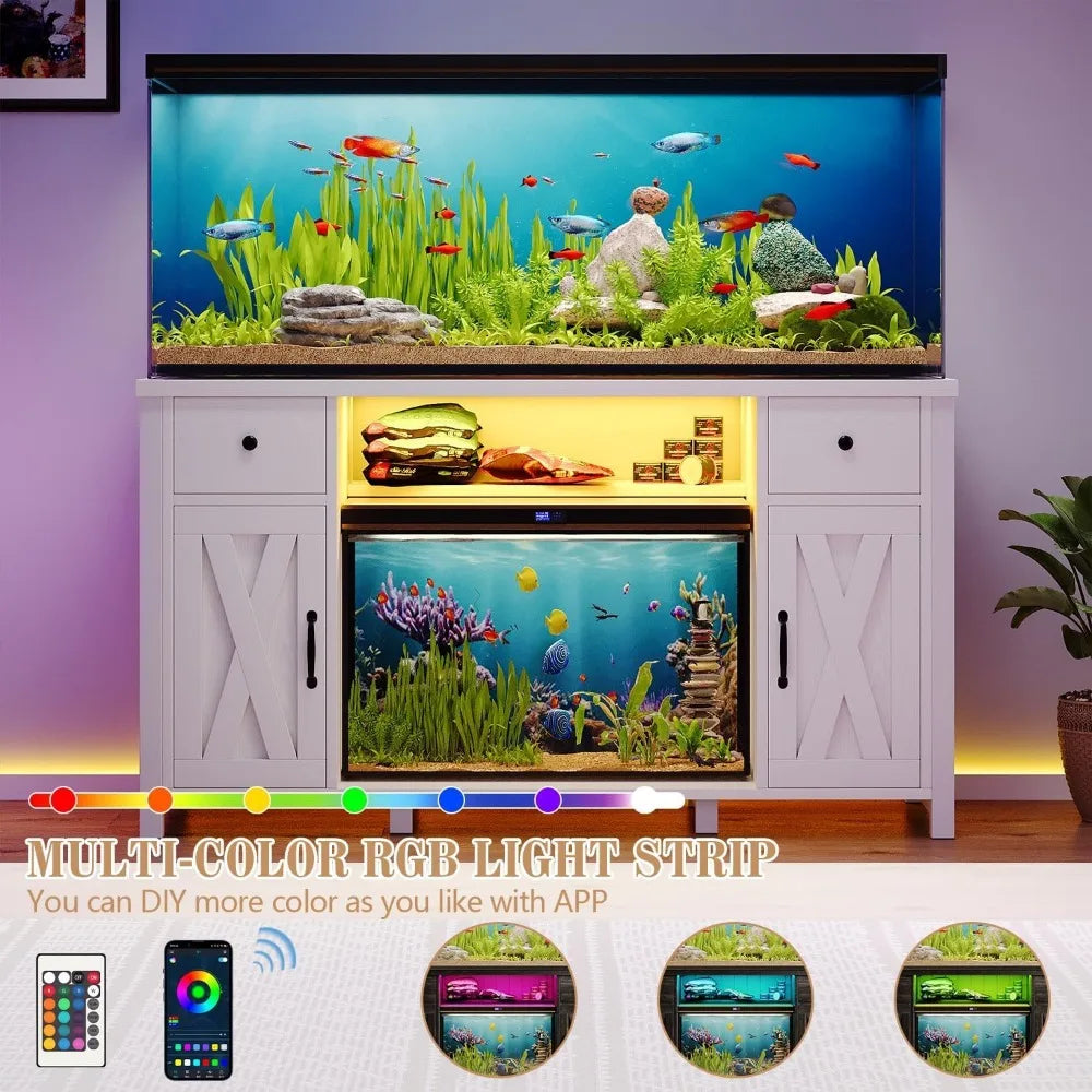 75 Gallon Fish Tank Stand with Power Outlets & LED Light, Farmhouse Fish Tank Stand with 2 Drawers and 2 Barn Door, 55-75 Gallo