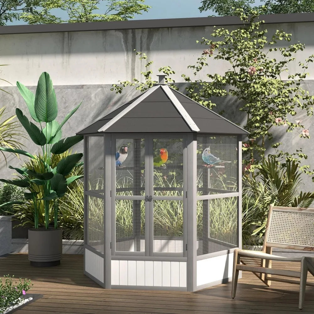 RBX Wooden Hexagonal Outdoor Aviary Bird Cage With Roof