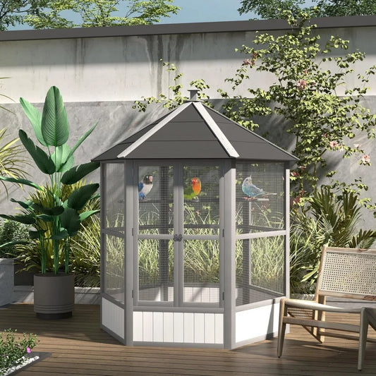 RBX Wooden Hexagonal Outdoor Aviary Bird Cage With Roof