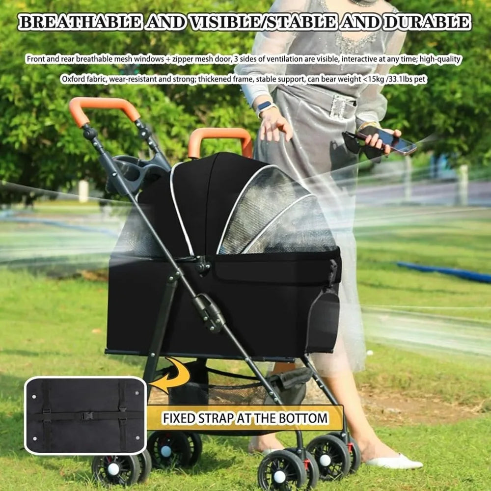 3 In 1 Pet Stroller Cat Dog 4 Wheel With Detachable Carrier