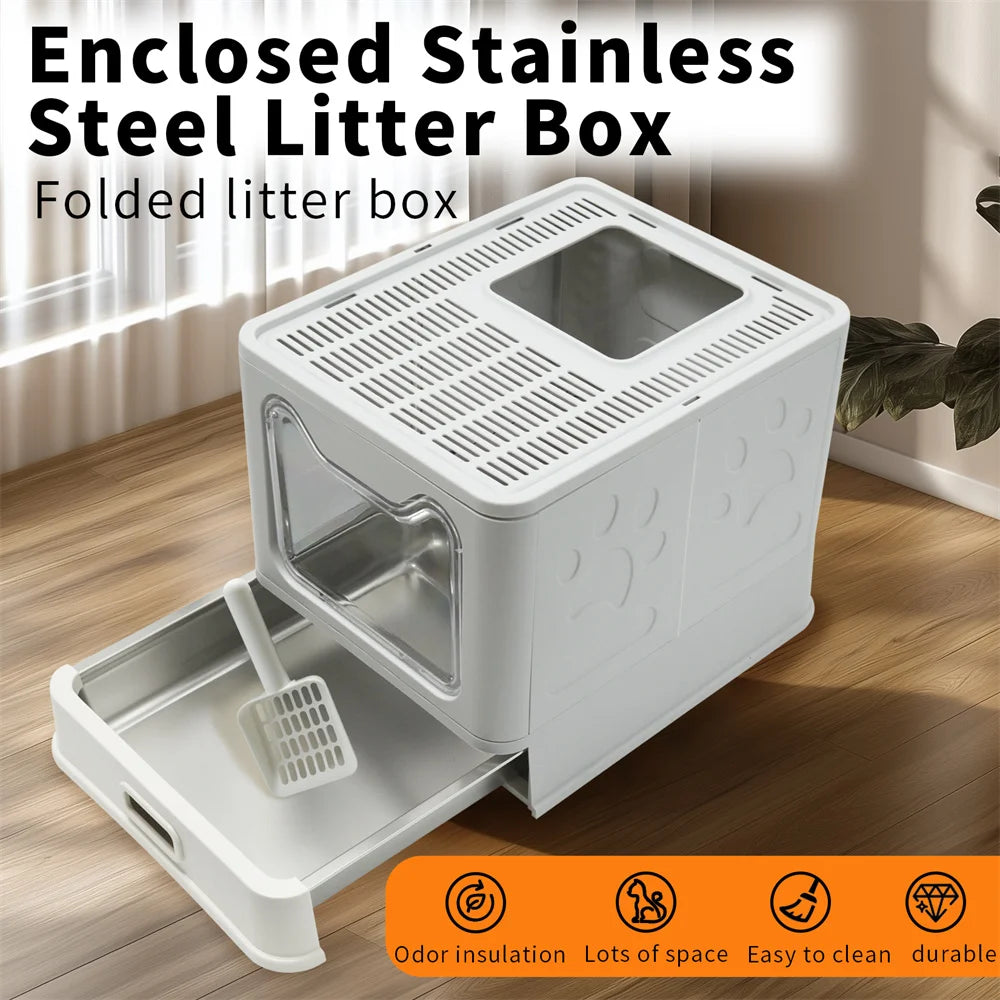 Enclosed Stainless Steel Cat Litter Box with Lid Scoop Large Litter Box Covered Top Entry Litter Pan High Sided Easy Cleaning