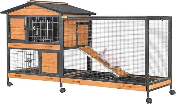 Rabbit Hutch with Chew-Resistant Metal Frame Indoor Bunny Cage Outdoor Rabbit Cage with Wheels and Leakproof Tray