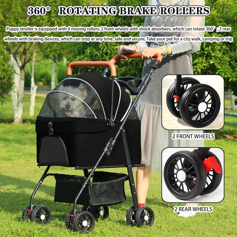 3 In 1 Pet Stroller Cat Dog 4 Wheel With Detachable Carrier