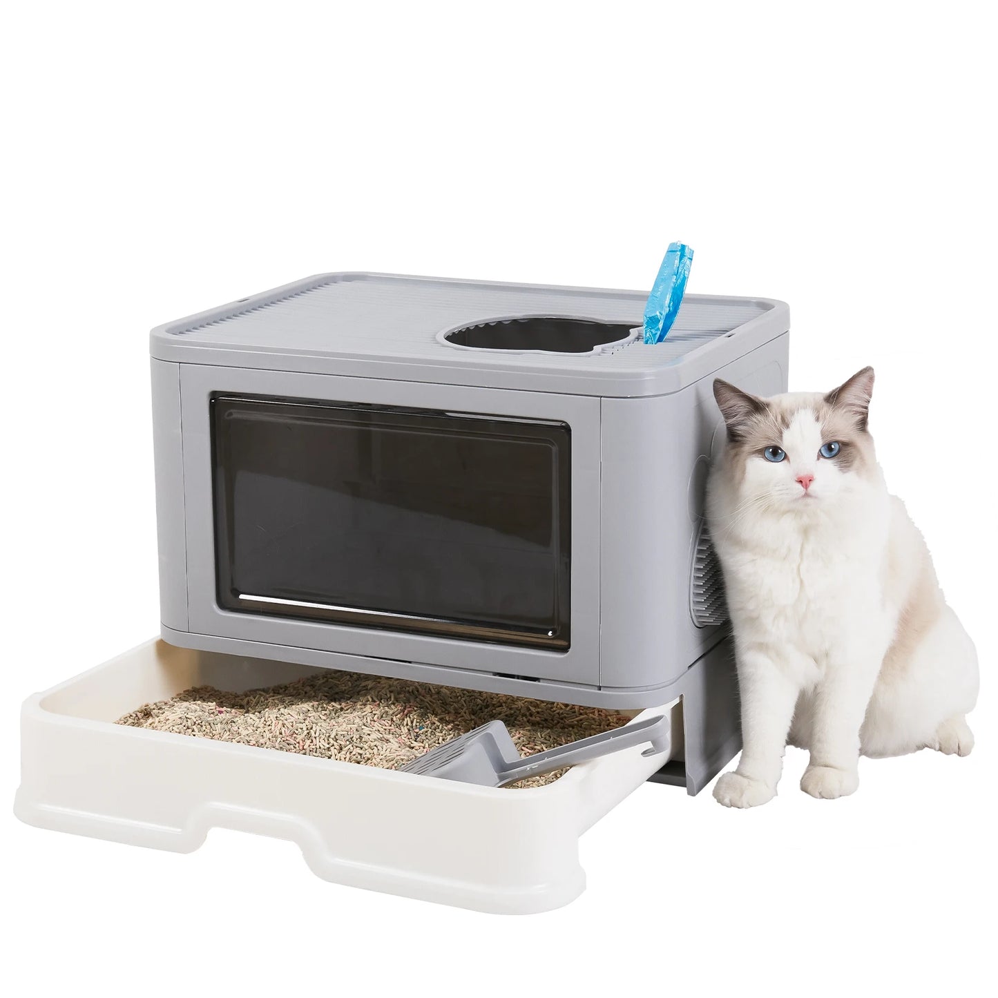Feature Foldable Cat Litter Box Front Entry Top Exit With Scoop