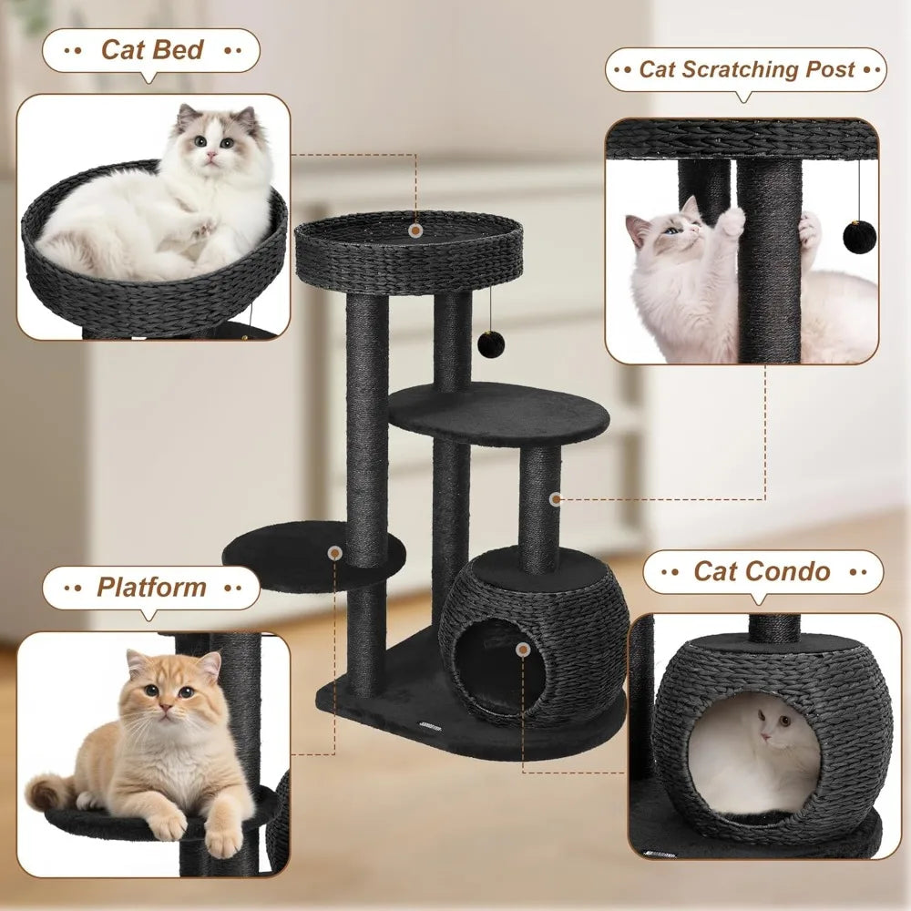 Modern Cat Tree, 39" Tall Cat Tree Black for Kittens Climb Play & Rest, Cat Trees for Indoor Cats w/Natural Sisal Scratching Po