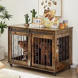 XUYUAN Dog Crate Furniture With Sliding Barn Door End Table