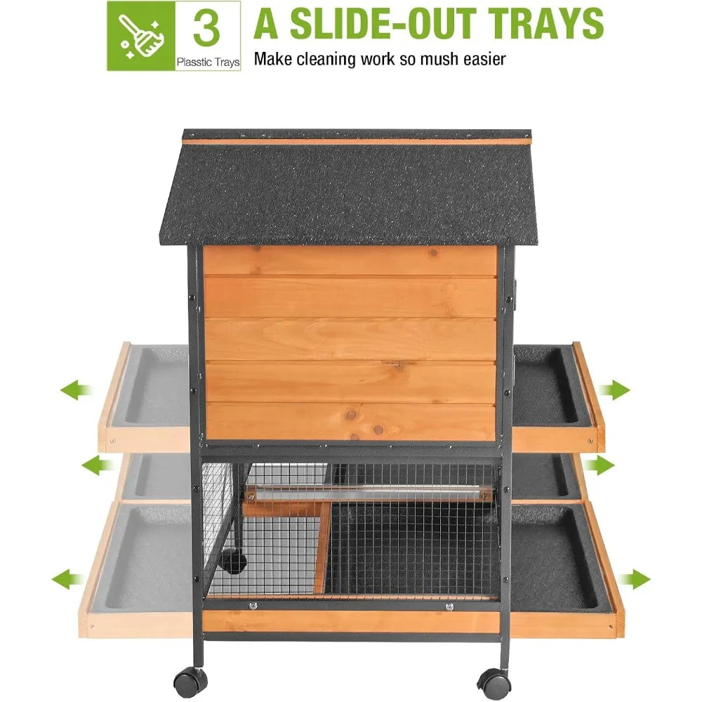 Rabbit Hutch with Chew-Resistant Metal Frame Indoor Bunny Cage Outdoor Rabbit Cage with Wheels and Leakproof Tray