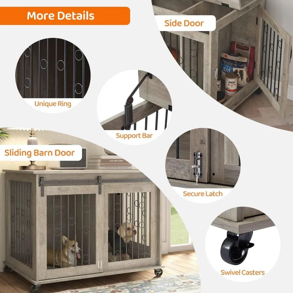 XUYUAN Dog Crate Furniture With Sliding Barn Door End Table