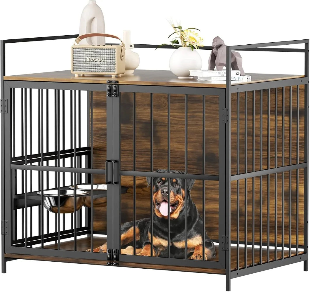 Hign-concerned Dog Crate Furniture Kennel With Bowls