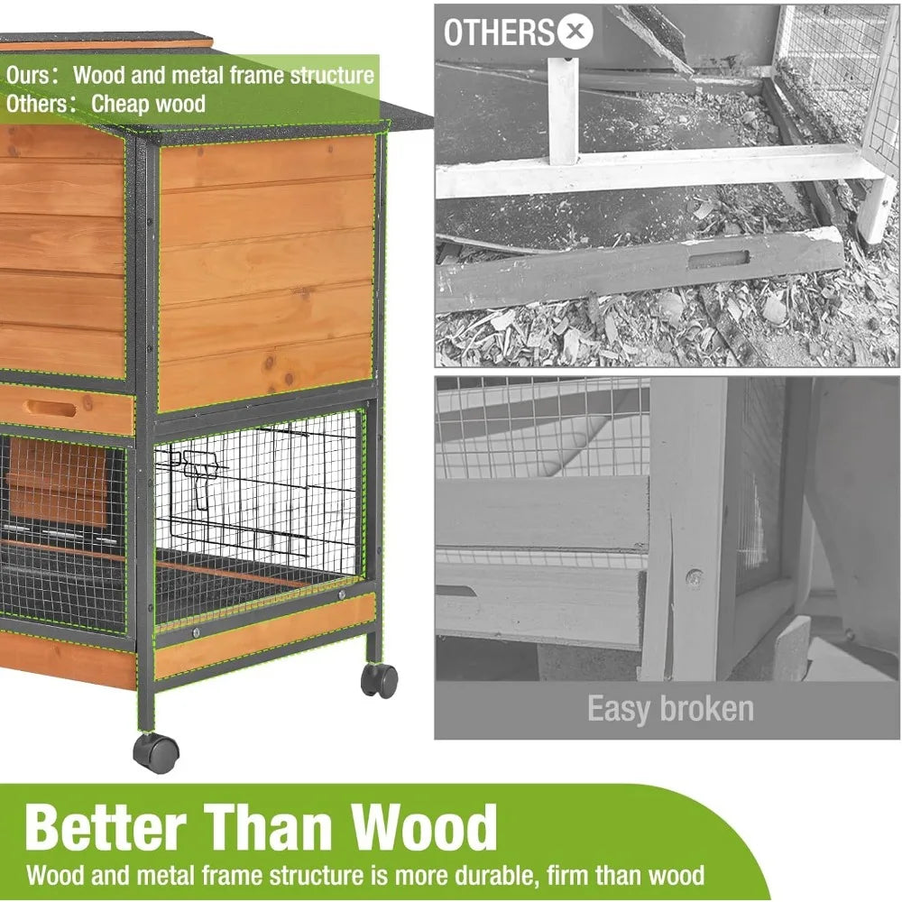 Rabbit Hutch with Chew-Resistant Metal Frame Indoor Bunny Cage Outdoor Rabbit Cage with Wheels and Leakproof Tray
