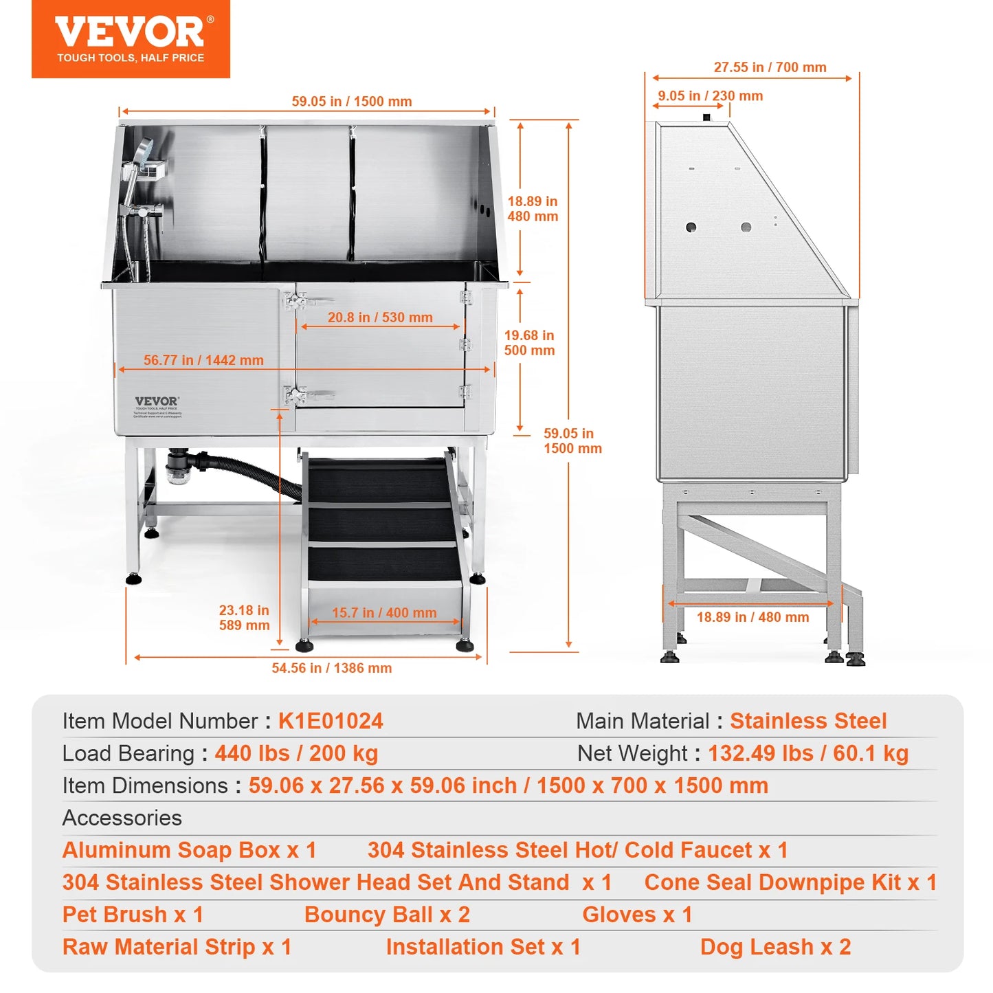 VEVOR Pet Grooming Tub Stainless Steel With Ramp Bath Station