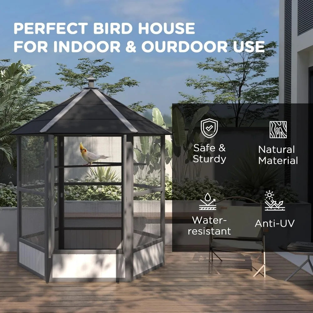 RBX Wooden Hexagonal Outdoor Aviary Bird Cage With Roof
