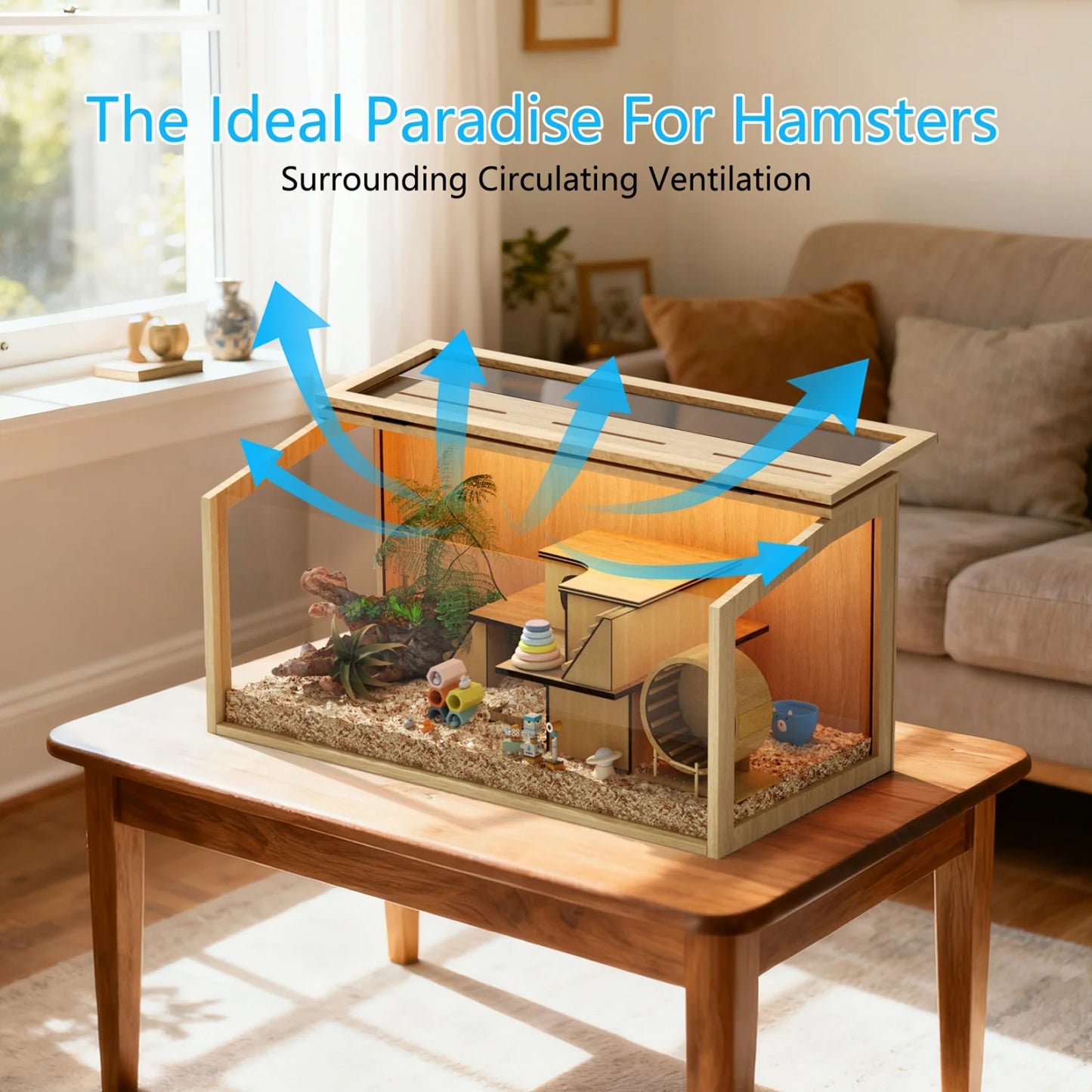 NONECN Chewproof Wooden Hamster Cage With Tempered Glass And LED