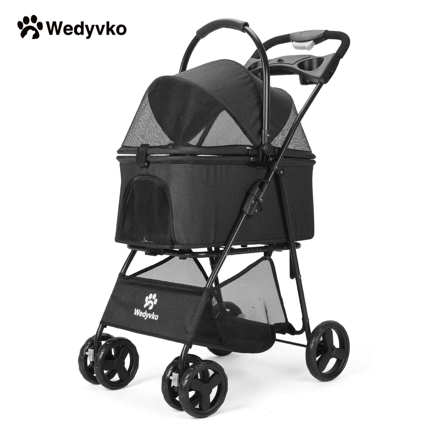 Wedyvko Luxury Detachable Pet Stroller Light Cup Holder Design Four-wheeled Universal Wheel Dog Cart Outdoor Travel Carrying Bag