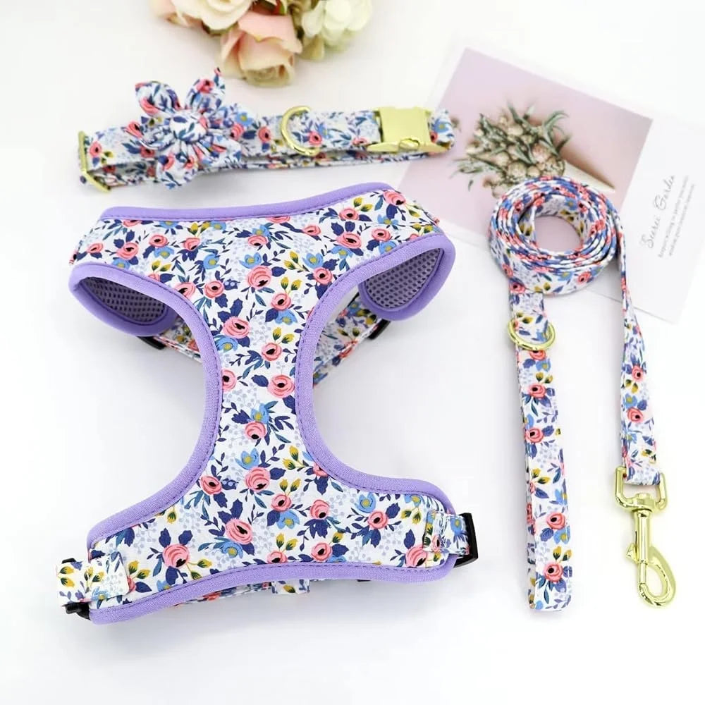 CN Fujian Dog Harness Leash Collar Set Floral Mesh Vest
