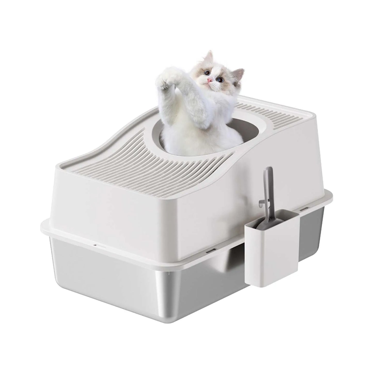 Stainless Steel Litter Box With Lid, Enclosed Litter Box With Cat Litter Mat And Scoop, Extra Large High Sided Cat Litter Trays