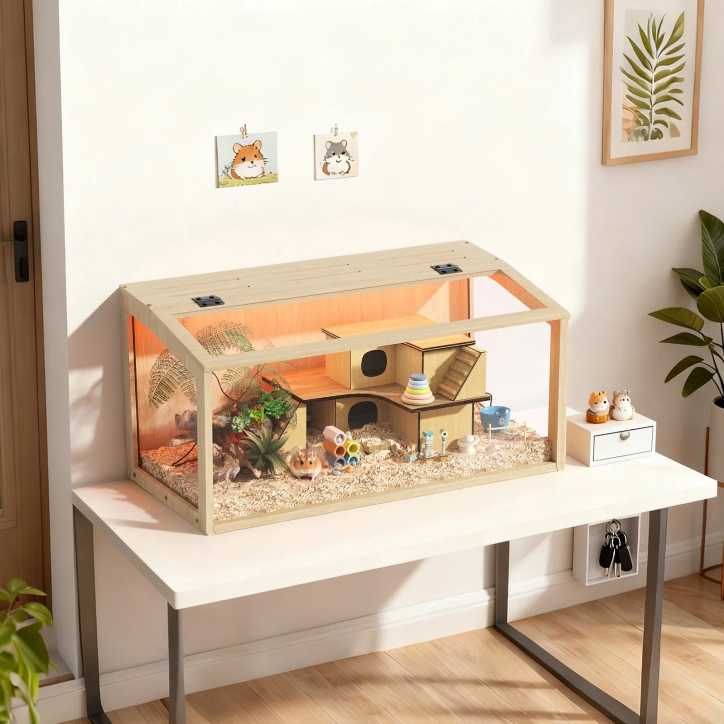 NONECN Chewproof Wooden Hamster Cage With Tempered Glass And LED