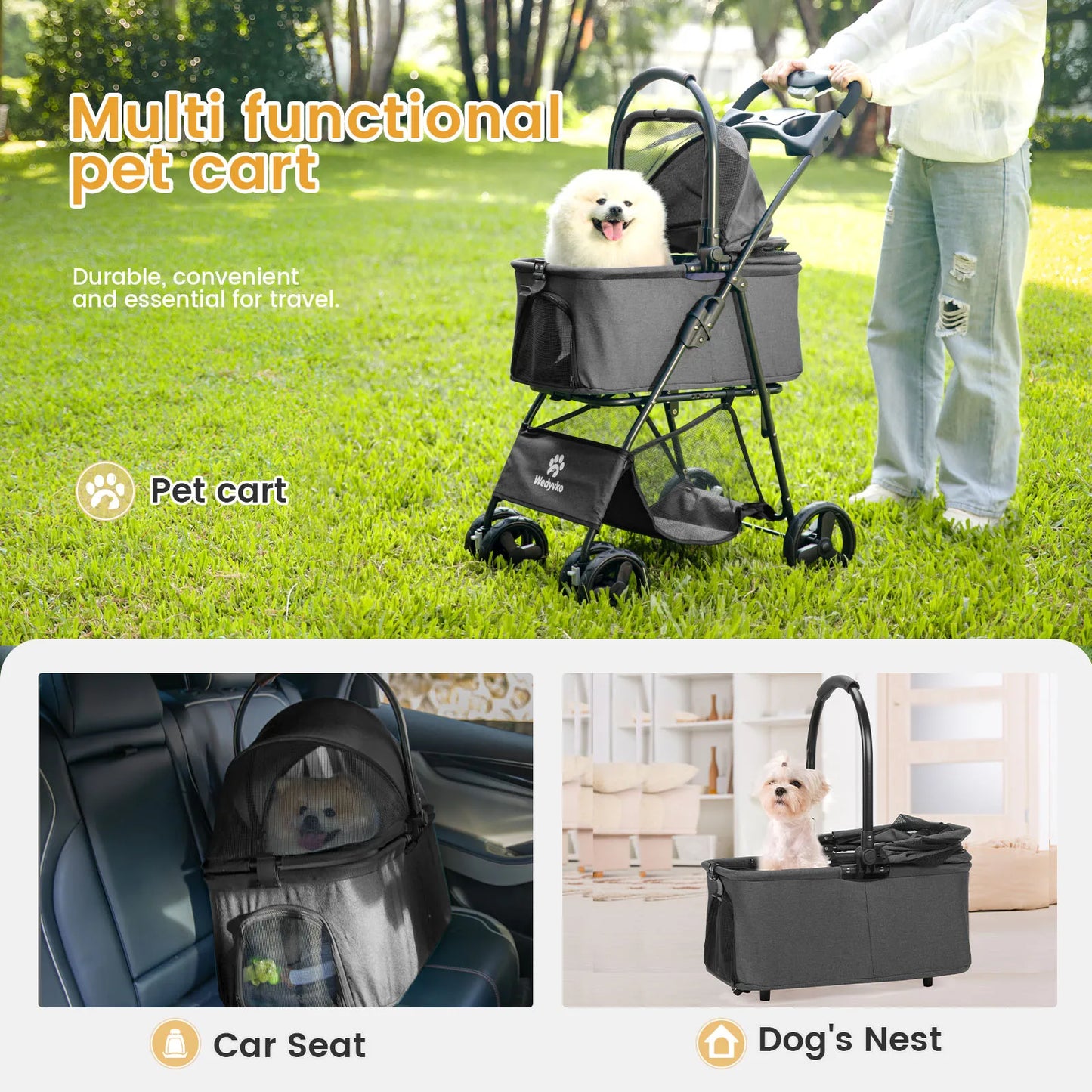 Wedyvko Luxury Detachable Pet Stroller Light Cup Holder Design Four-wheeled Universal Wheel Dog Cart Outdoor Travel Carrying Bag
