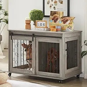 XUYUAN Dog Crate Furniture With Sliding Barn Door End Table