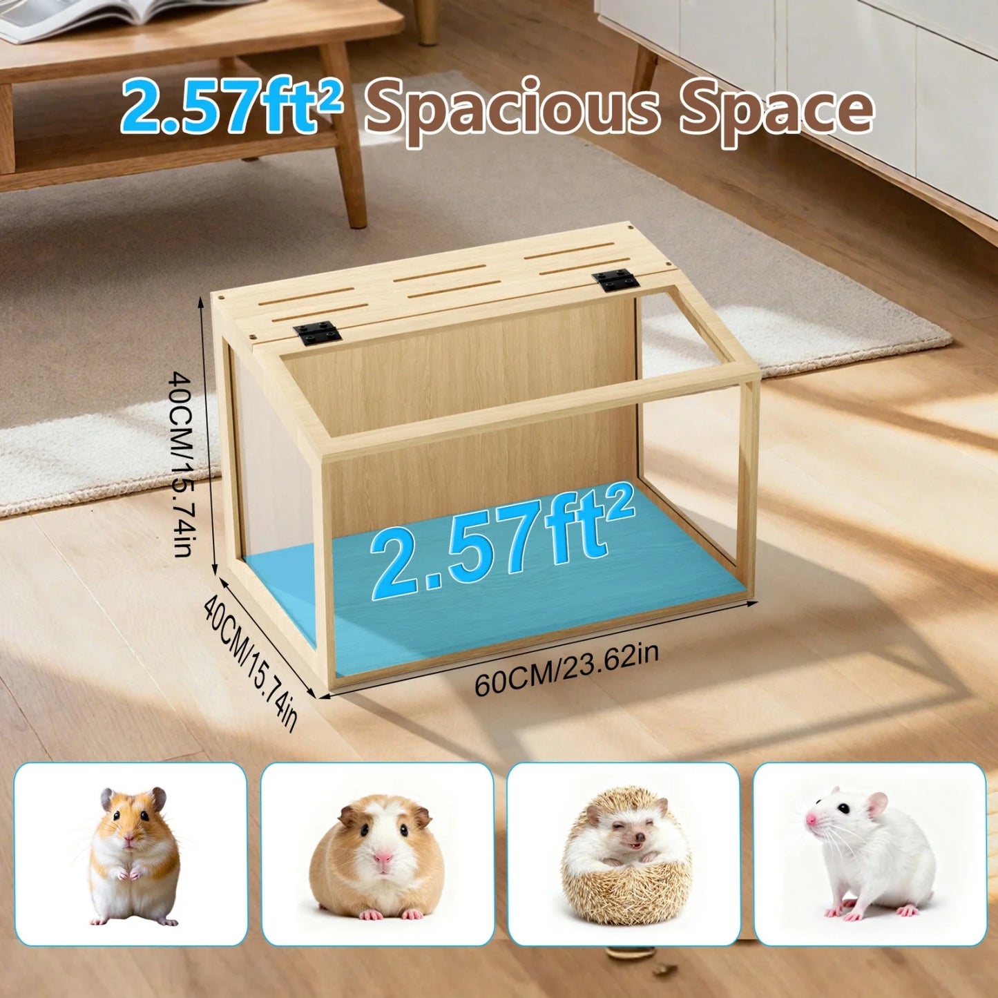 NONECN Chewproof Wooden Hamster Cage With Tempered Glass And LED