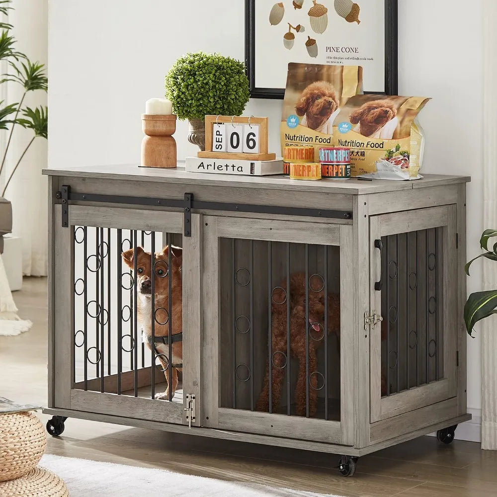 XUYUAN Dog Crate Furniture With Sliding Barn Door End Table