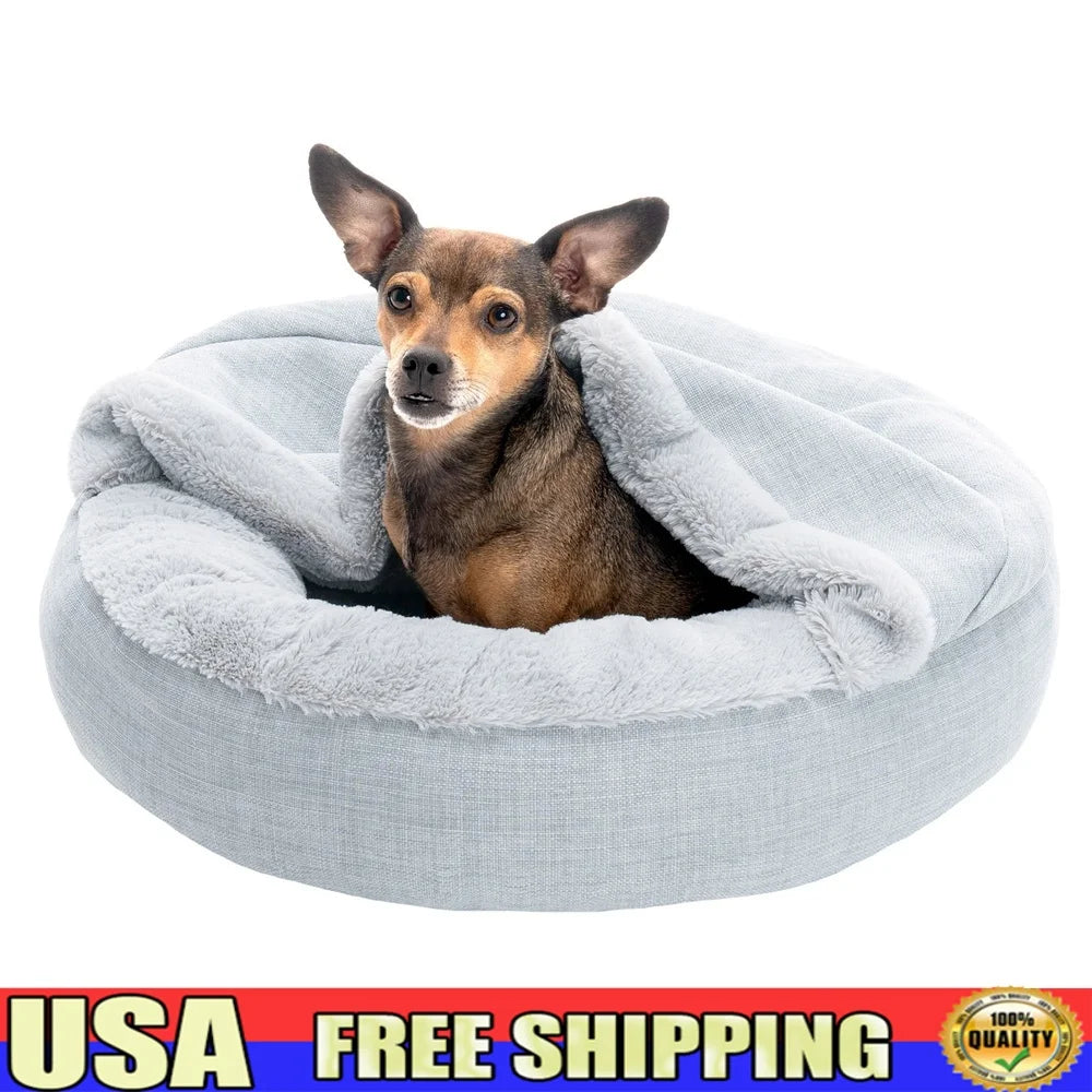 Hooded Donut Pet Bed Dogs Cats Cozy Plush Linen Nesting Sleeping Surface Non-Slip Base Machine Washable Mist Gray Extra Small