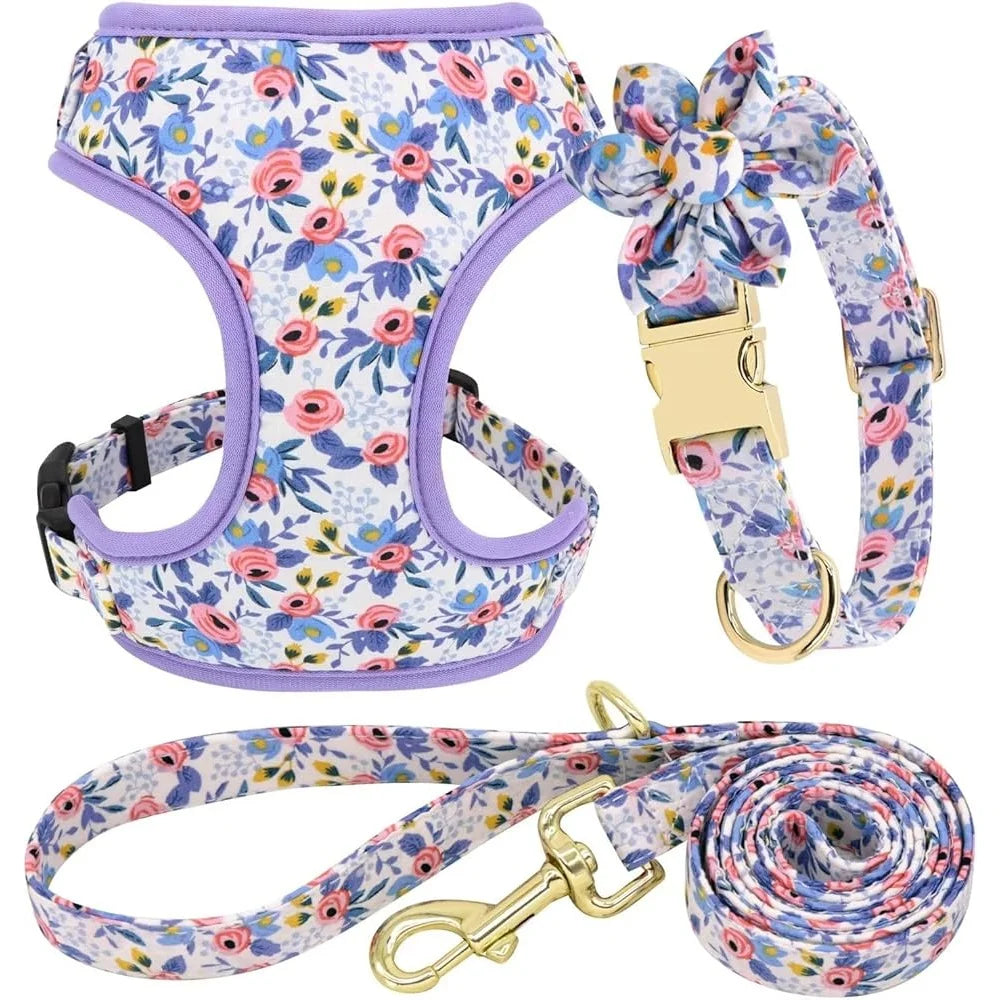 CN Fujian Dog Harness Leash Collar Set Floral Mesh Vest