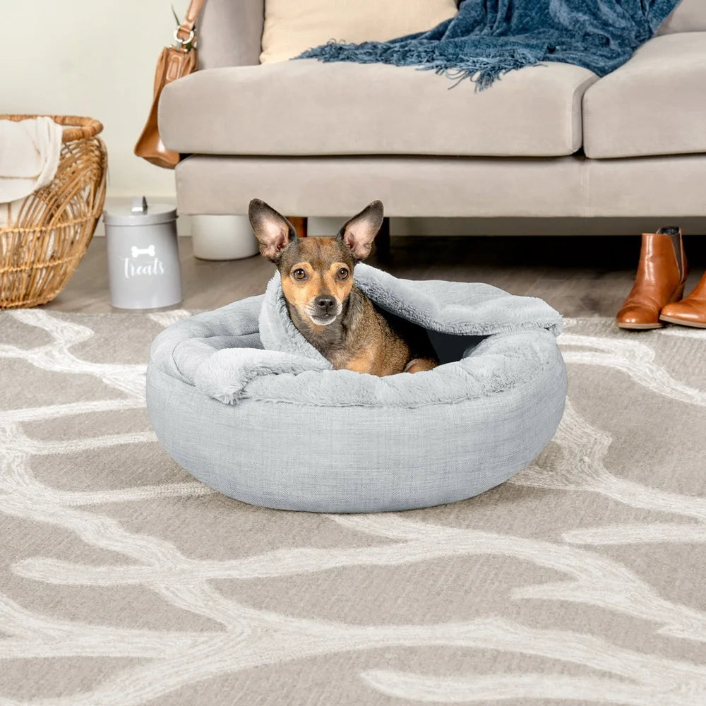 Hooded Donut Pet Bed Dogs Cats Cozy Plush Linen Nesting Sleeping Surface Non-Slip Base Machine Washable Mist Gray Extra Small