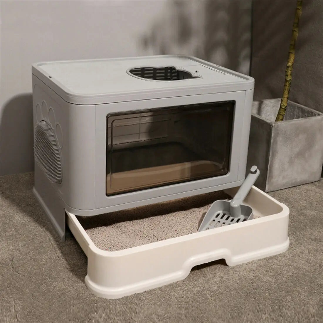 Feature Foldable Cat Litter Box Front Entry Top Exit With Scoop
