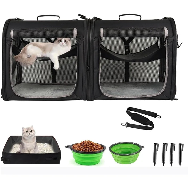 Wakytu Foldable Dual Pet Carrier for Cats And Dogs Zippered Cat Car Transportation Box Pet Travel Bag All Breeds