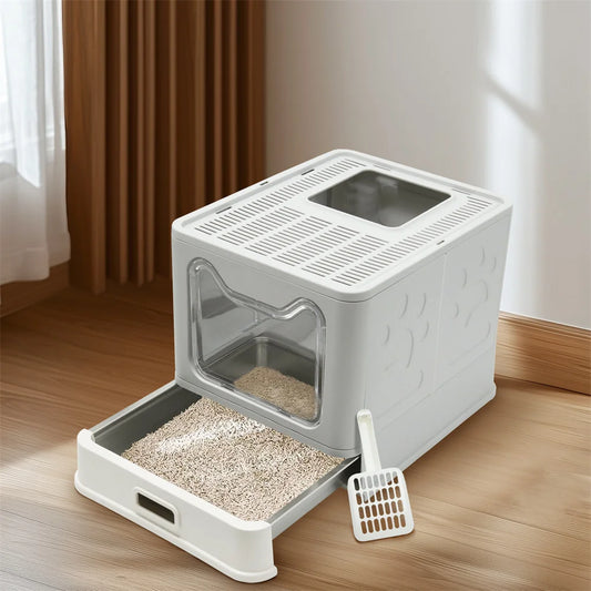 Enclosed Stainless Steel Cat Litter Box with Lid Scoop Large Litter Box Covered Top Entry Litter Pan High Sided Easy Cleaning